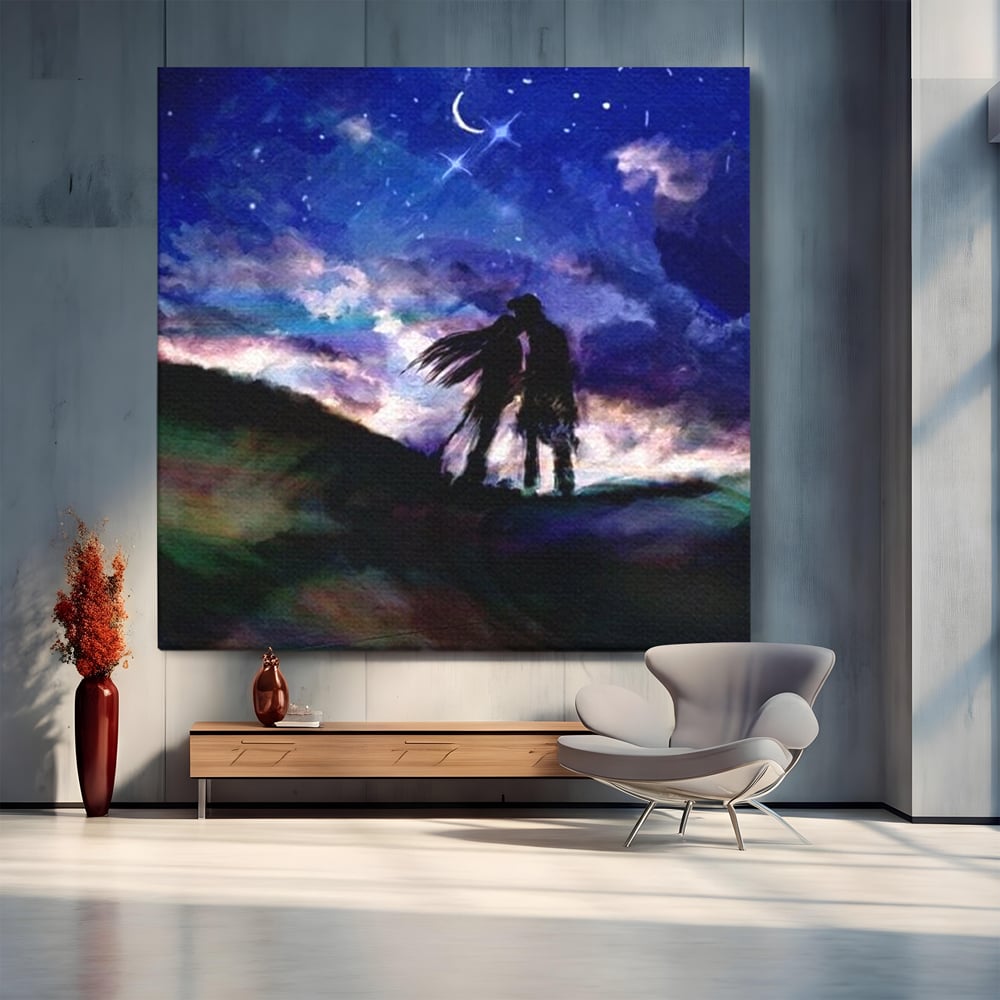 Tablou canvas cu tablou canvas cu cuplu sarutandu-se sub cerul instelat, fara rama, pe sasiu de lemn